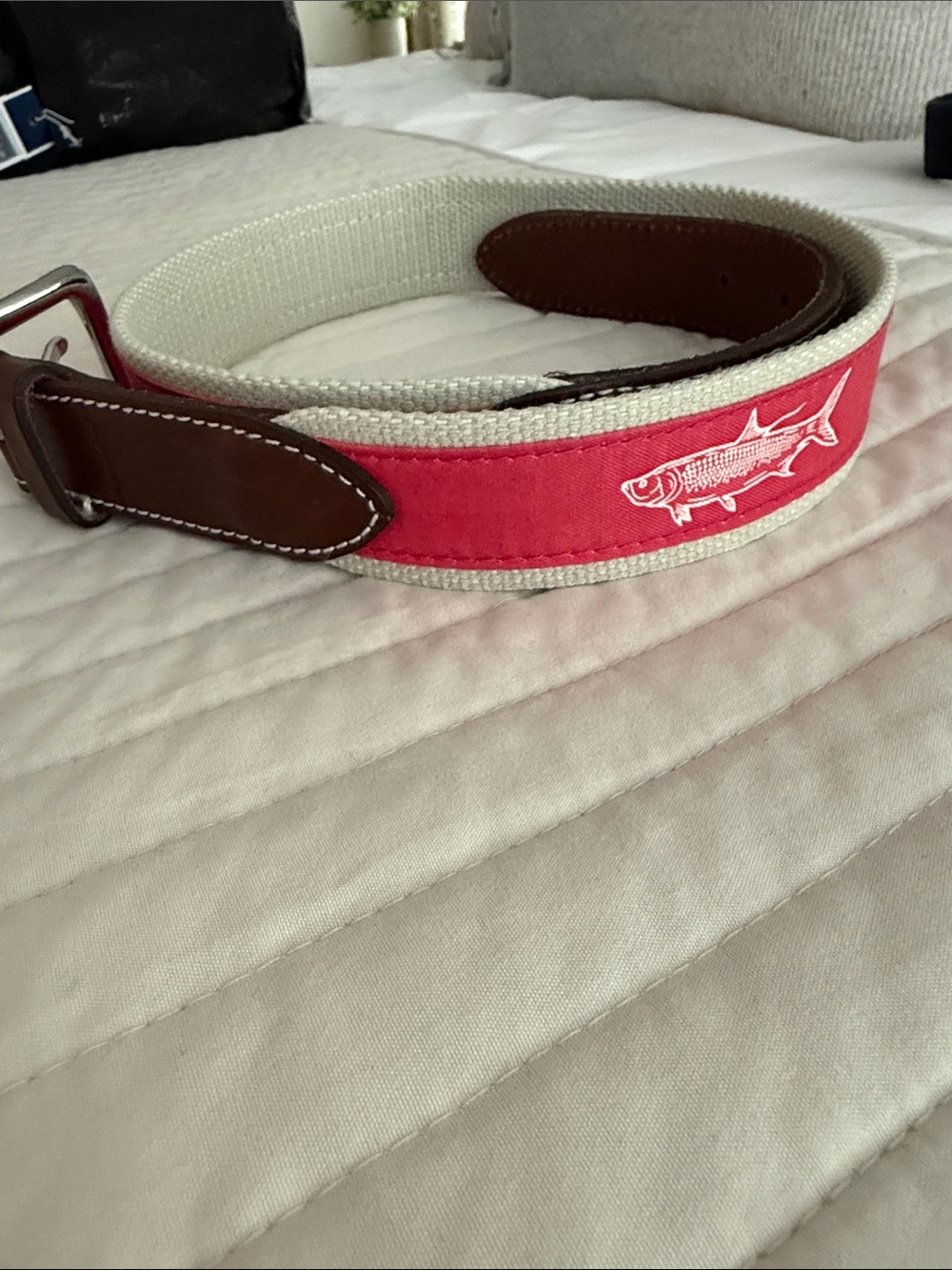Vineyard Vines Pink Canvas Belt with Leather Trim